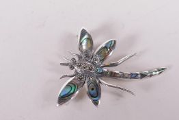 A 925 silver and abalone set dragonfly brooch, 1½" long