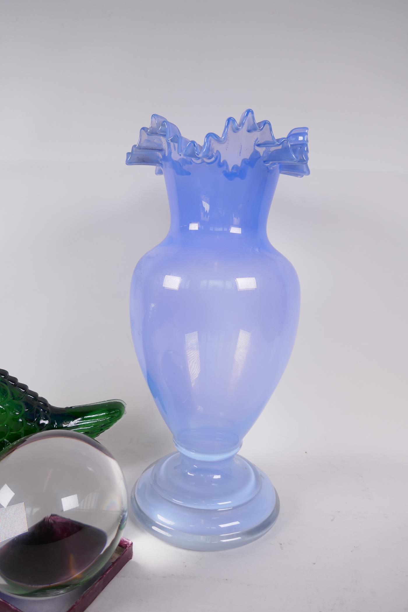 A crystal glass ball, 3" diameter, together with a phased blue glass vase, 12" high and a green - Image 3 of 4