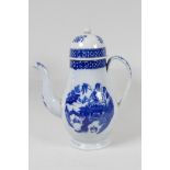 A late C18th blue and white pearlware coffee pot decorated with a variation on the Willow pattern,