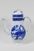 A late C18th blue and white pearlware coffee pot decorated with a variation on the Willow pattern,