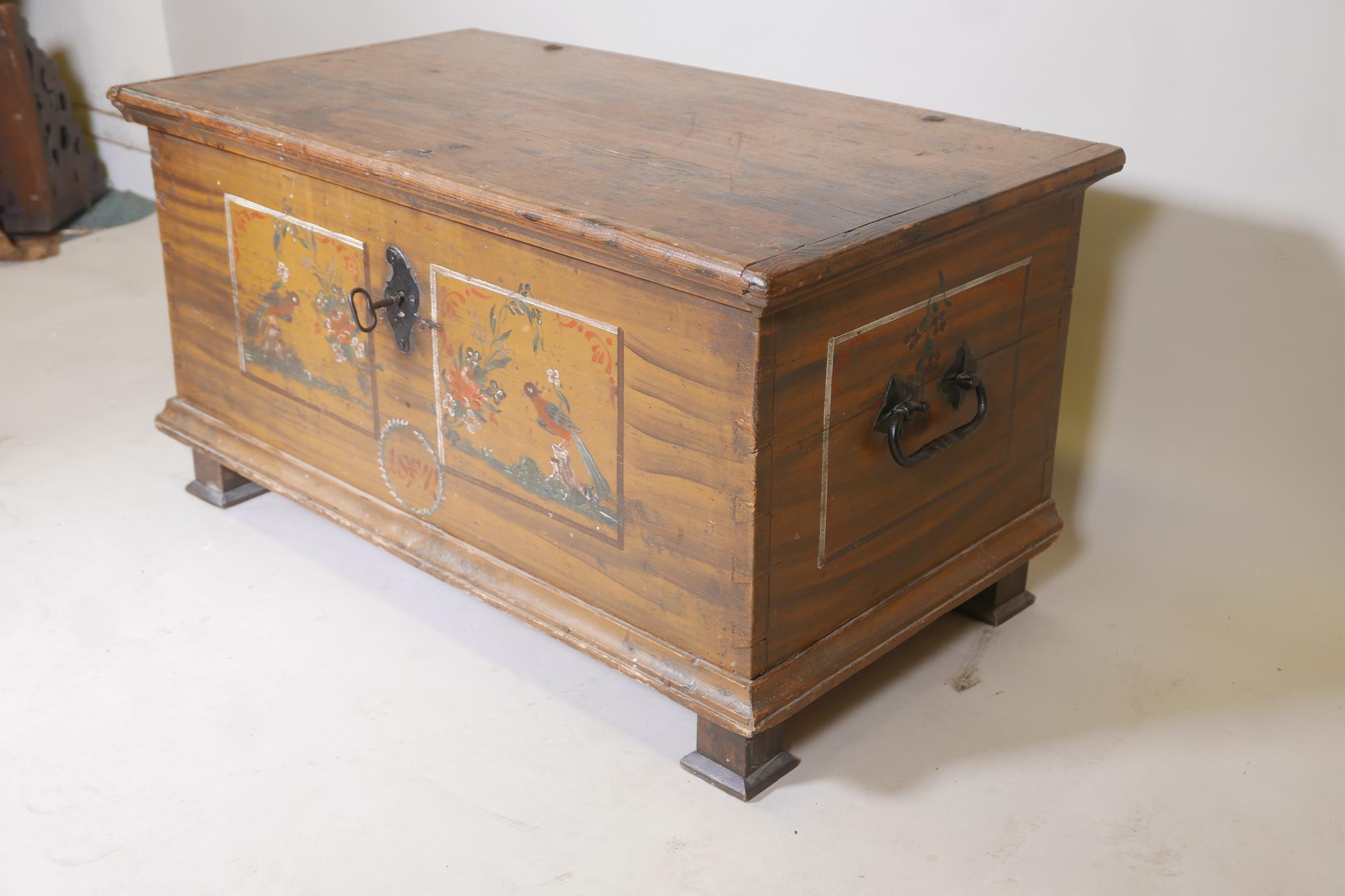 A C19th Bohemian grain painted pine coffer, dated 1841, 37" x 21", 19" high - Image 5 of 5