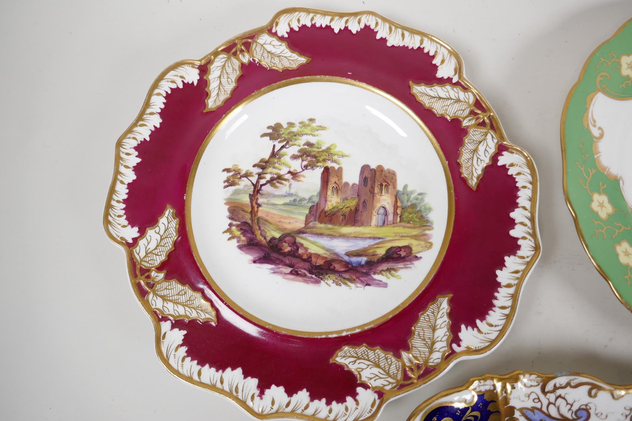 Five decorative C19th English pottery plates with painted decoration, various factories from the - Image 2 of 7