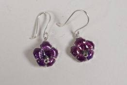 A pair of 925 silver and purple enamel flower head earrings
