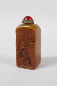 A Chinese soapstone seal/snuff bottle with carved decoration of a river landscape, 3" high