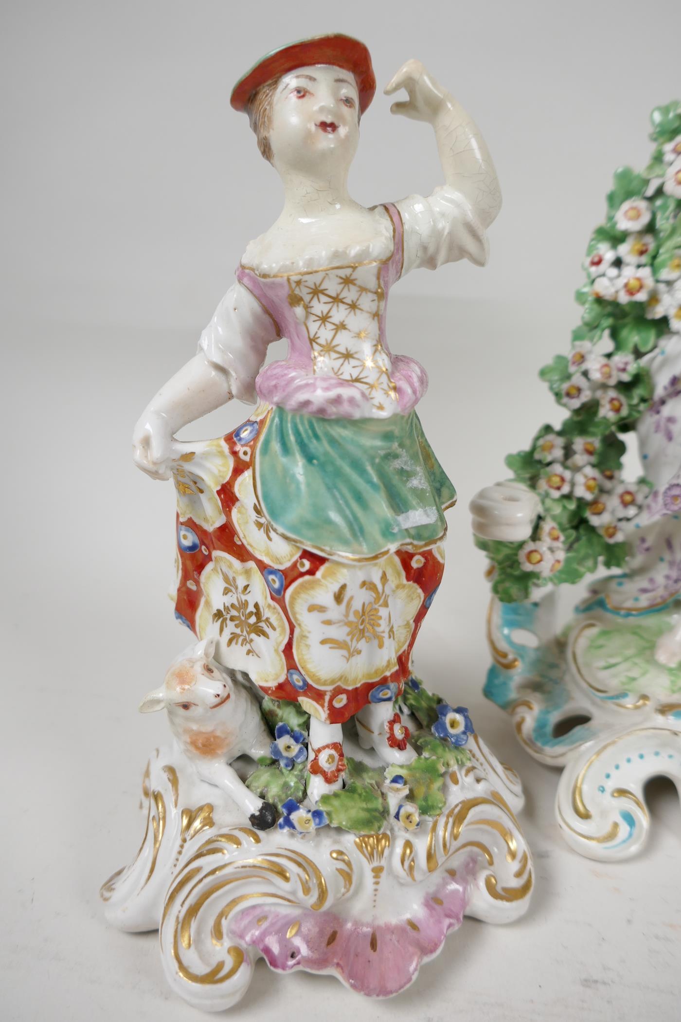 Three early English porcelain figures, a brocage figure of a woman and child (Chelsea) 8" high, a - Image 2 of 7