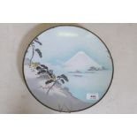 A Japanese cloisonne enamel charger with a view of Mt Fuji, late Meiji, 12" diameter, chipped