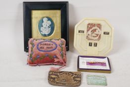 A quantity of Bijouterie including a C19th Forget me Not pin cushion, Edward VIII Coronation