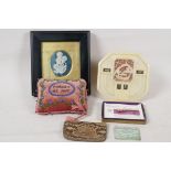 A quantity of Bijouterie including a C19th Forget me Not pin cushion, Edward VIII Coronation