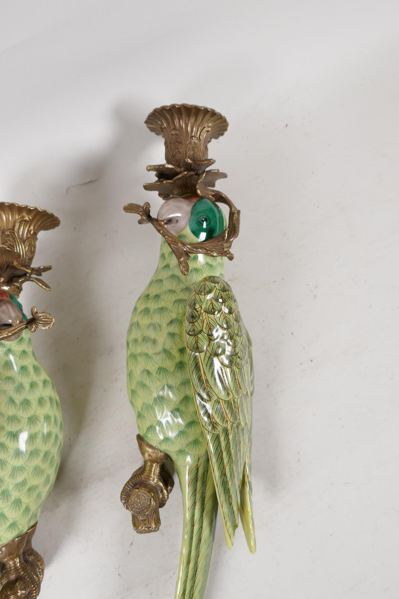 A pair of enamelled porcelain parakeet wall sconces with gilt metal mounts, 18½" long - Image 2 of 4