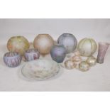 A quantity of Israeli hand painted studio glass to include lamp shades, vases, bowls and dishes,