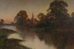 F.E. Jamieson, river landscape at sunset, 'Straford on Avon', signed, oil on canvas, 20" x 30"