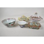 Five pieces of Chinese porcelain to include a C19th bowl painted with figures, 7" diameter, a