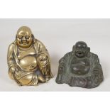 A Chinese polished brass figure of Buddha seated in meditation, 6" high, together with a similar