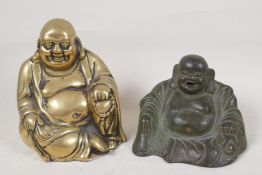 A Chinese polished brass figure of Buddha seated in meditation, 6" high, together with a similar