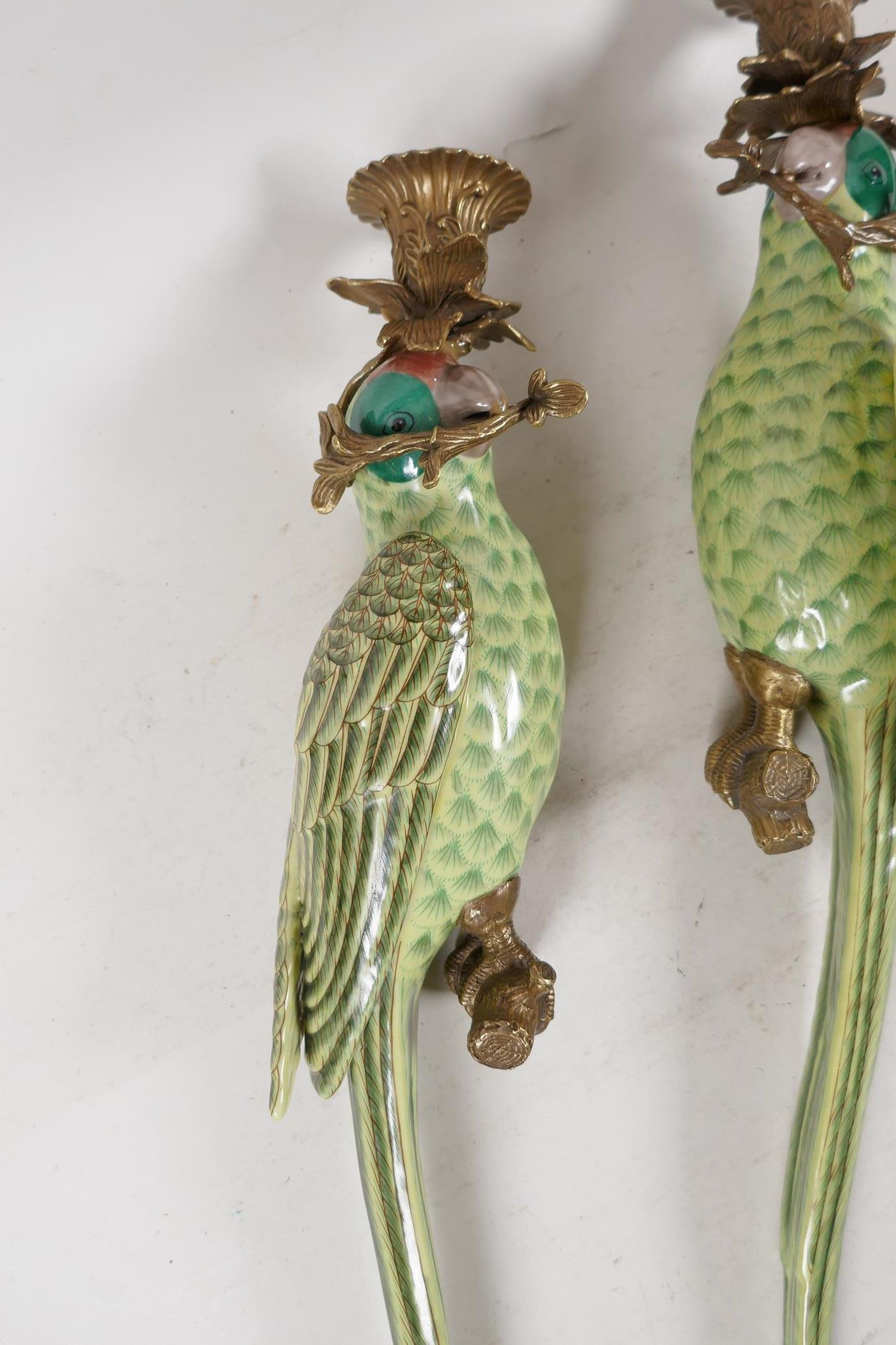 A pair of enamelled porcelain parakeet wall sconces with gilt metal mounts, 18½" long - Image 3 of 4