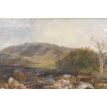 J. Adam (Scottish), Highland landscape with fishermen by a salmon trap, signed J. Adam, in a C19th
