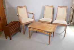 A G-Plan teak coffee table, three G-Plan high back dining chairs (2+1), a 1970s teak slatted