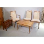 A G-Plan teak coffee table, three G-Plan high back dining chairs (2+1), a 1970s teak slatted