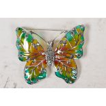 A sterling silver and enamel butterfly brooch, 2" wide