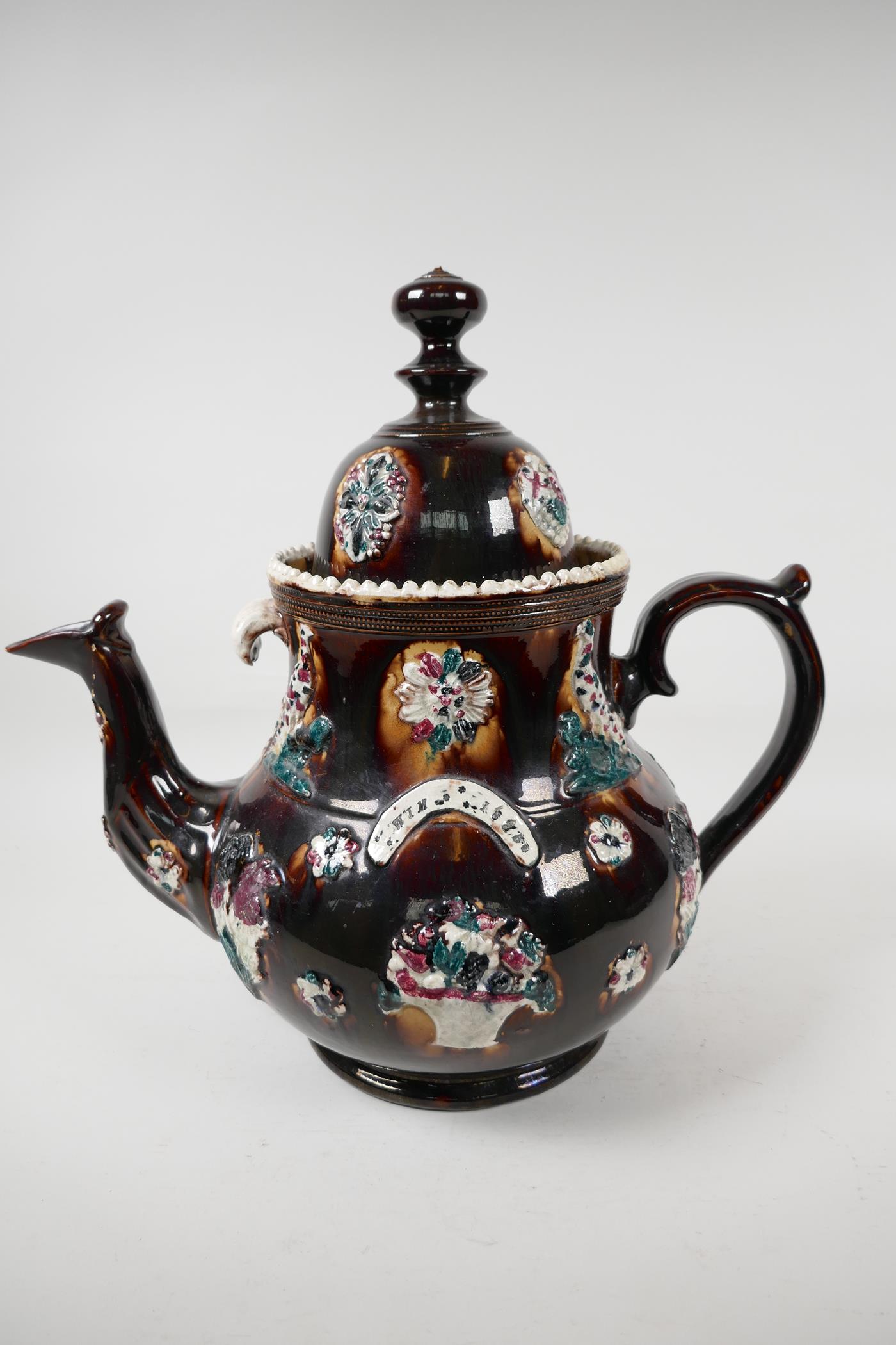 A very large C19th Barge ware tea pot, bearing the names William and Mary, dated 1875, 14" high - Image 3 of 5