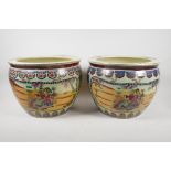 A pair of Japanese pottery goldfish bowls, with decorative panels depicting travelling geisha, and
