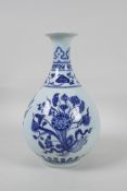 A Ming style blue and white porcelain pear shaped vase with floral spray decoration, Chinese six