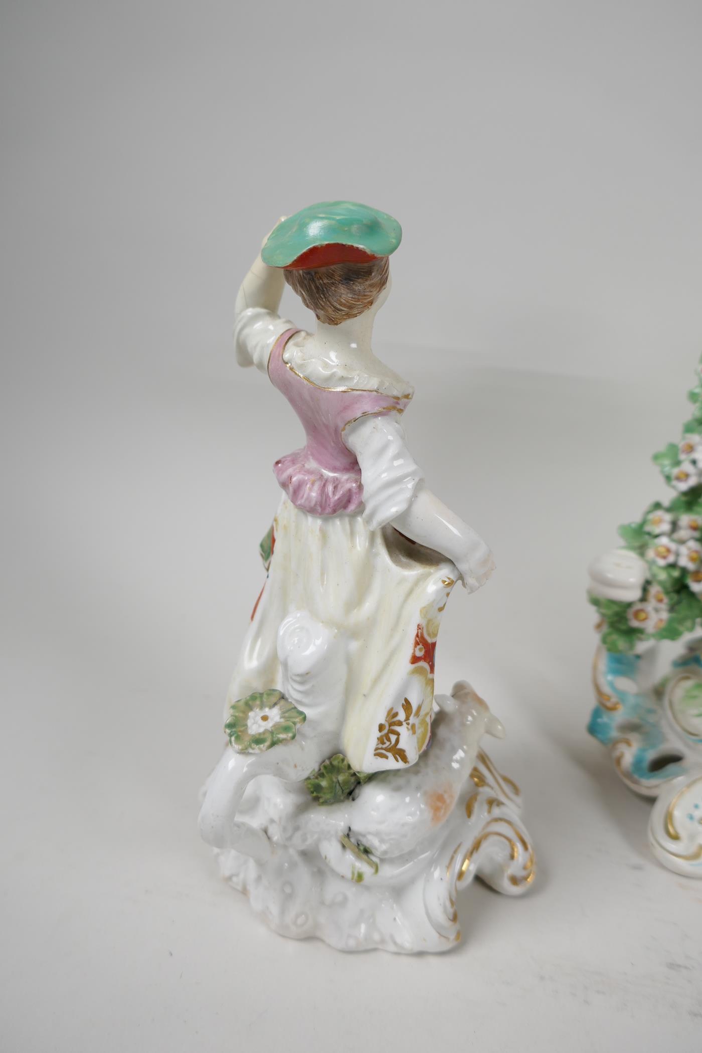 Three early English porcelain figures, a brocage figure of a woman and child (Chelsea) 8" high, a - Image 3 of 7