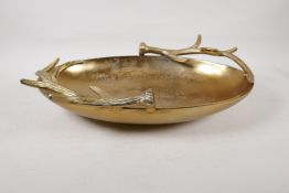 A gilt metal dish with antler decoration, 18" x 12"