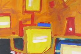 A gouache abstract, labelled verso 'Orange, Yellow, Red, Green and Blue', initialled HC 76, 17" x