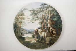 A large porcelain wall plaque painted with horsemen in a landscape, impressed Worcester Porcelain