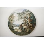 A large porcelain wall plaque painted with horsemen in a landscape, impressed Worcester Porcelain