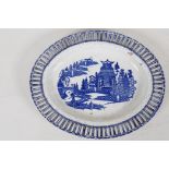An early C19th pearlware ribbon plate printed with a variation of the willow pattern, 9" x 7"
