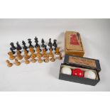 A Stanton boxwood chess set, kings 2¾" high, and a set of three Vitalite Freak billiard balls