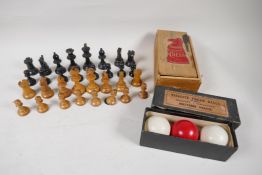 A Stanton boxwood chess set, kings 2¾" high, and a set of three Vitalite Freak billiard balls