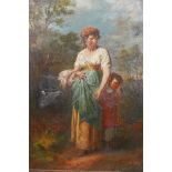 Gypsy woman and child in a landscape, oil on canvas, unsigned, late C19th/early C20th, A/F