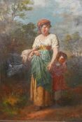 Gypsy woman and child in a landscape, oil on canvas, unsigned, late C19th/early C20th, A/F