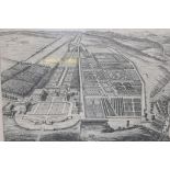 A pair of birdseye view engravings of the estate of Sir Roger Bradshaigh, in Lancaster, and the