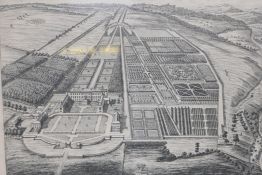 A pair of birdseye view engravings of the estate of Sir Roger Bradshaigh, in Lancaster, and the
