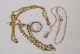 A 9ct gold and white stone eternity ring, size N, a 9ct gold flat link bracelet, a topaz pendant