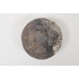A Chinese white metal trade token/ingot, impressed marks to the top, 4" diameter, 1337g