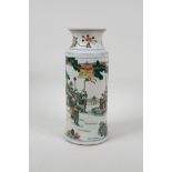 A famille vert cylinder vase decorated with warriors in a landscape, Chinese Kangxi character mark