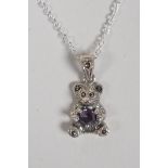 A 925 silver pendant necklace in the form of a teddy bear, 1" drop