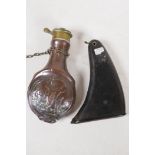 An C18th horn shot flask, 6" long, together with a C19th copper and brass powder flask