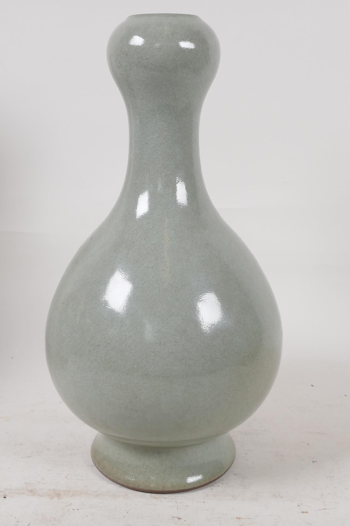 A Chinese Ru ware style celadon crackle glazed garlic head vase, 11" high