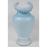 A satin glass vase with lattice design, 11" high