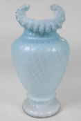 A satin glass vase with lattice design, 11" high