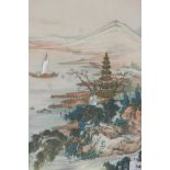 A Chinese painting on silk depicting a pagoda by a lake, early C20th, 16" x 13"