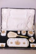 A Crown Staffordshire dressing table set, lacks one candle holder, dish 12" long