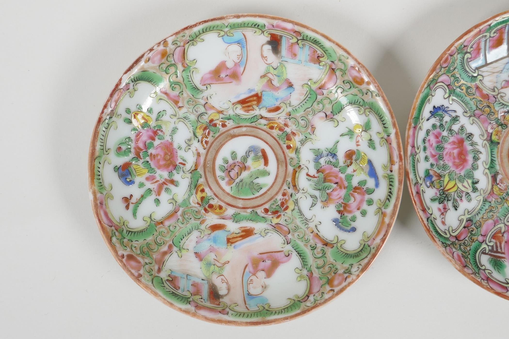 A pair of early C20th Canton famille rose saucers decorated with figures and flowers, 4½" diameter - Image 3 of 5