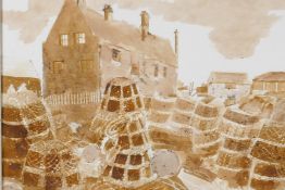Fishermens' cottages and lobster pots, signed Knapp Fisher, ink and watercolour, 12" x 16½"
